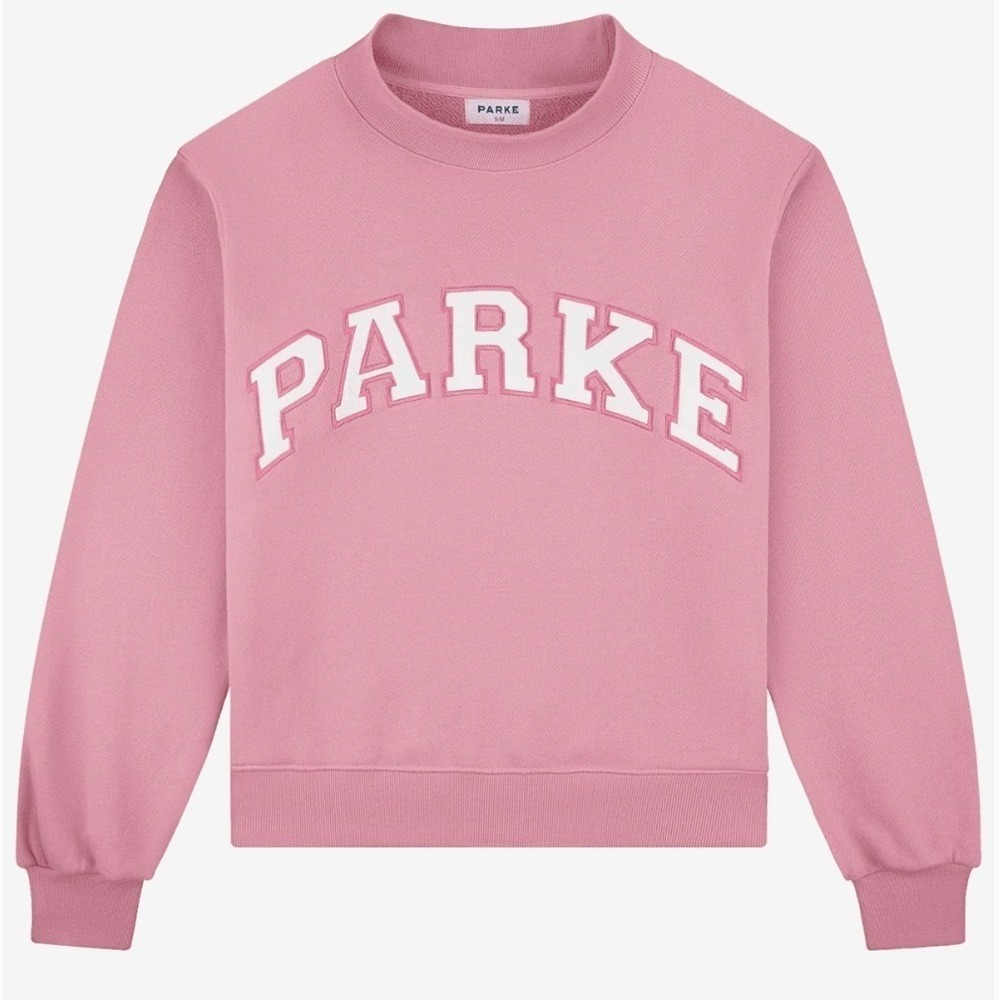NEW Parke Summerland Conch Pink and White Varsity Mockneck Sweatshirt L / XL